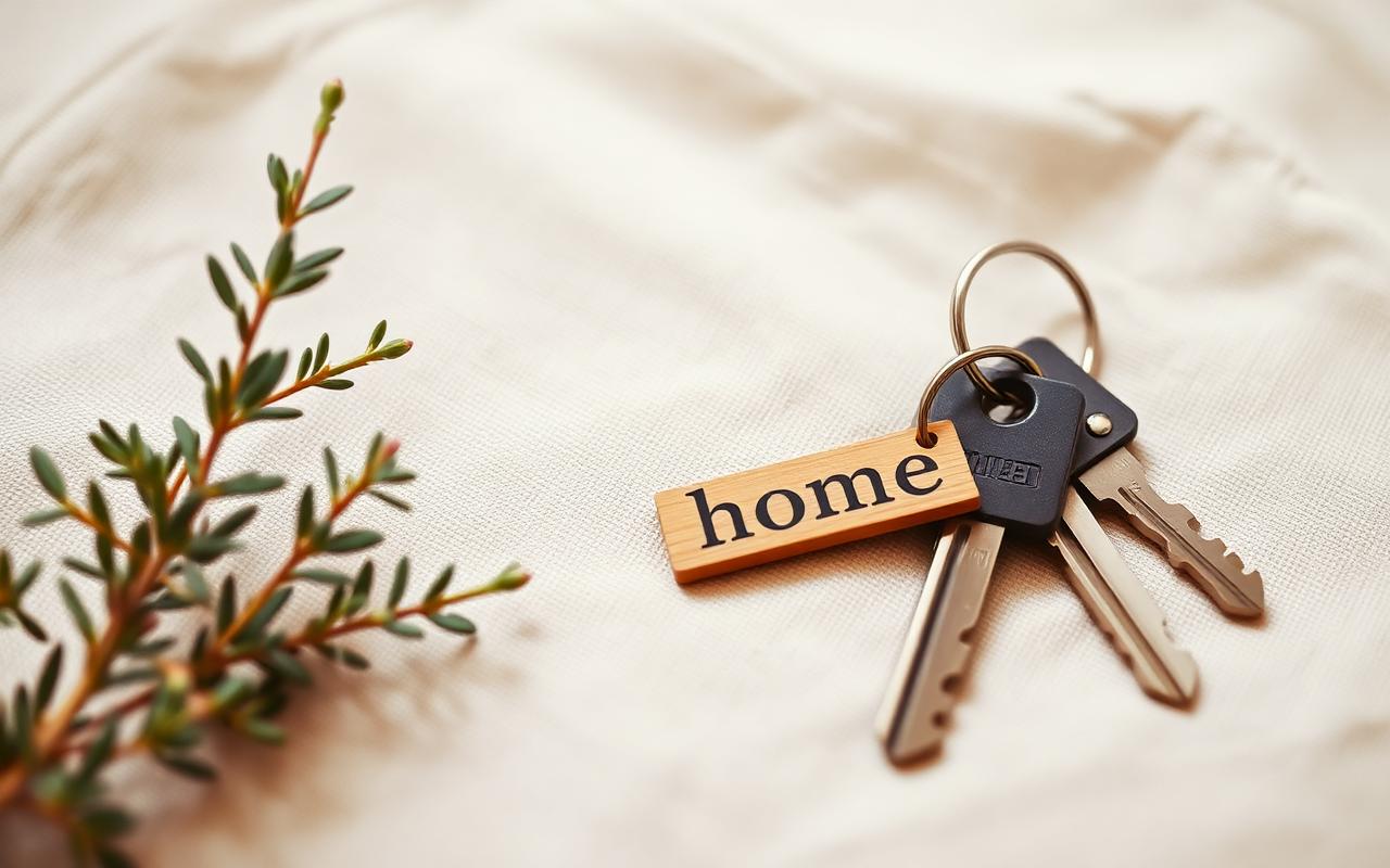 House keys with a wooden home tag