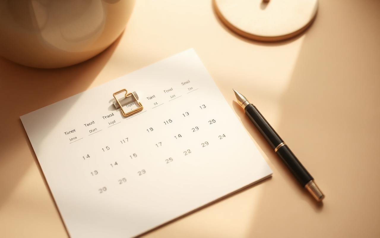 Calendar page with a fountain pen and gold paperclip